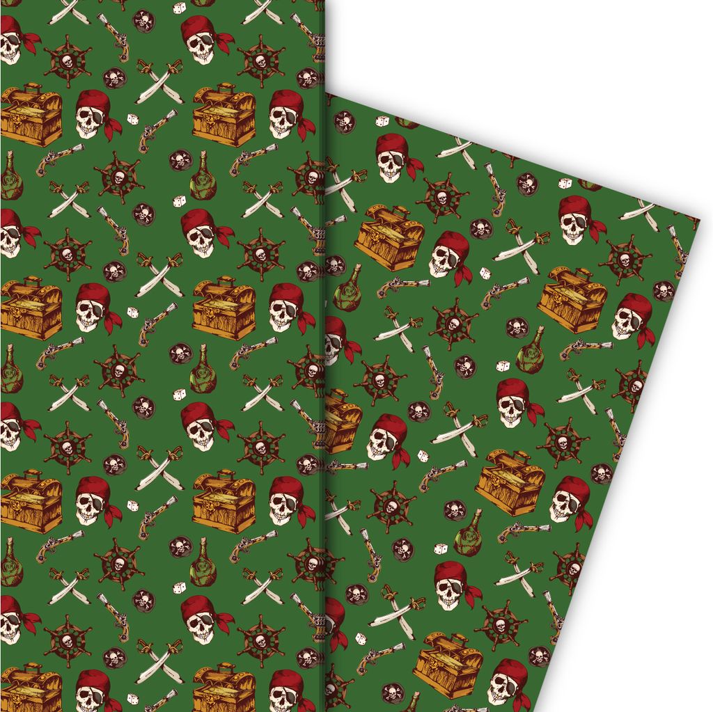 Cooles Seeräuber Geschenkpapier mit Totenkopf, Säbel und Produktbild 2