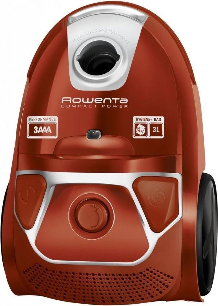 A red Rowenta vacuum cleaner is shown against a white background.
