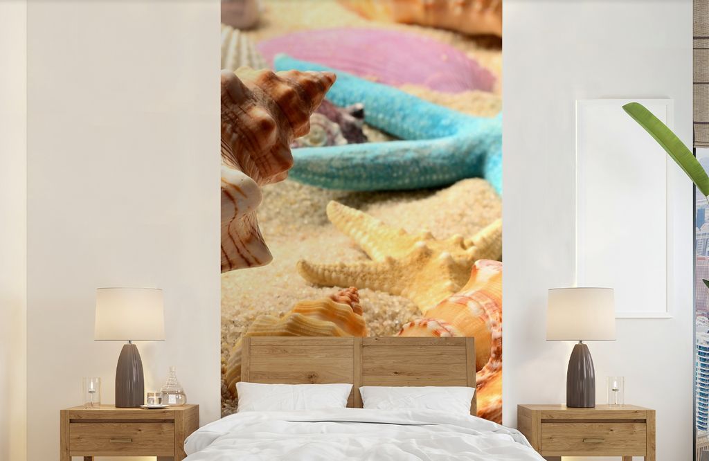 MuchoWow Fototapete für Wohnzimmer oder Schlafzimmer Wandtapete Vinyl Motivtapete Seesterne - Muscheln - Sand - Strand - 120x240 cm - Hintergrun...