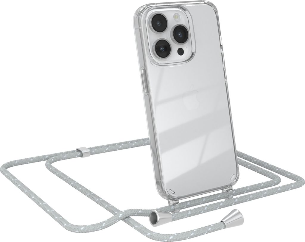 EAZY CASE Handykette kompatibel mit Apple iPhone 14 Pro, Handyhülle mit Umhängeband, Handykordel, Schutzhülle Clear, Band in Grau