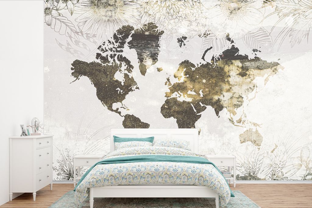 MuchoWow Fototapete für Wohnzimmer oder Schlafzimmer Wandtapete Vinyl Motivtapete Weltkarte - Blumen - Gold - 420x280 cm - Zimmer für Kinder