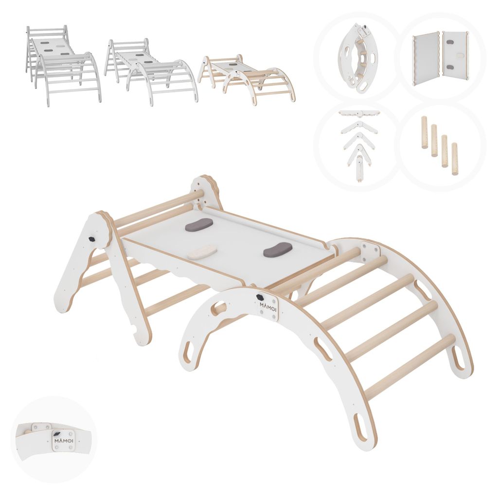 Set Klettergerüst indoor, Kletterdreieck mit rutsche aus holz, Kletterbogen, Baby kinder klettern, Regenbogenwippe mit Rutschbrett, Holzbogen