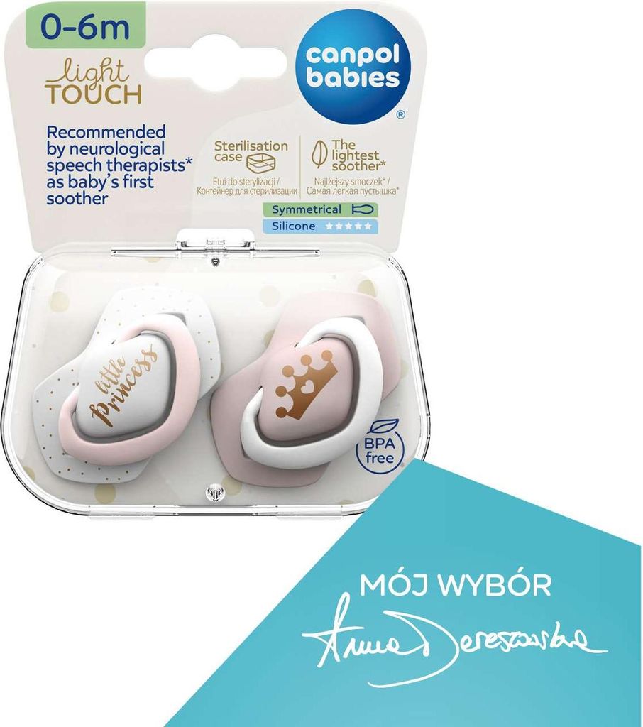 A product package containing two pacifiers for babies.