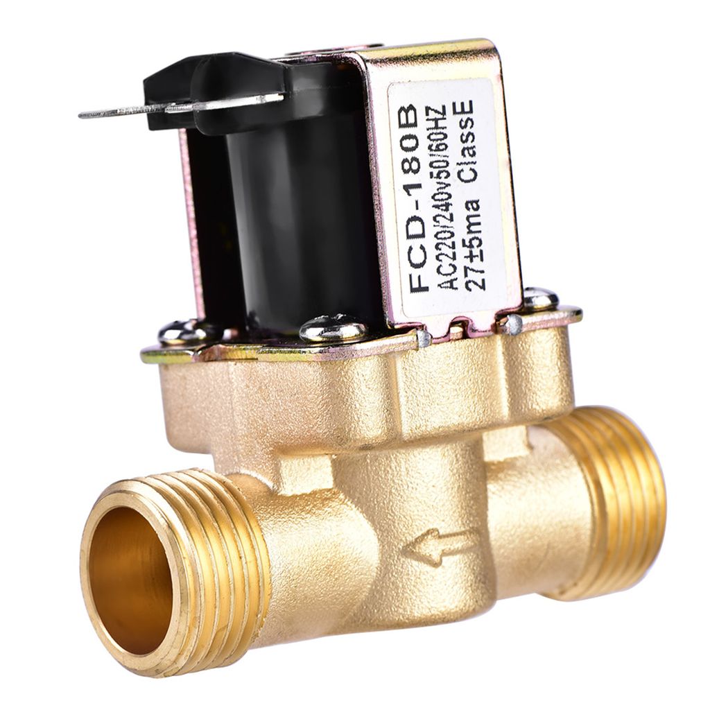 A brass solenoid valve with electrical components attached.