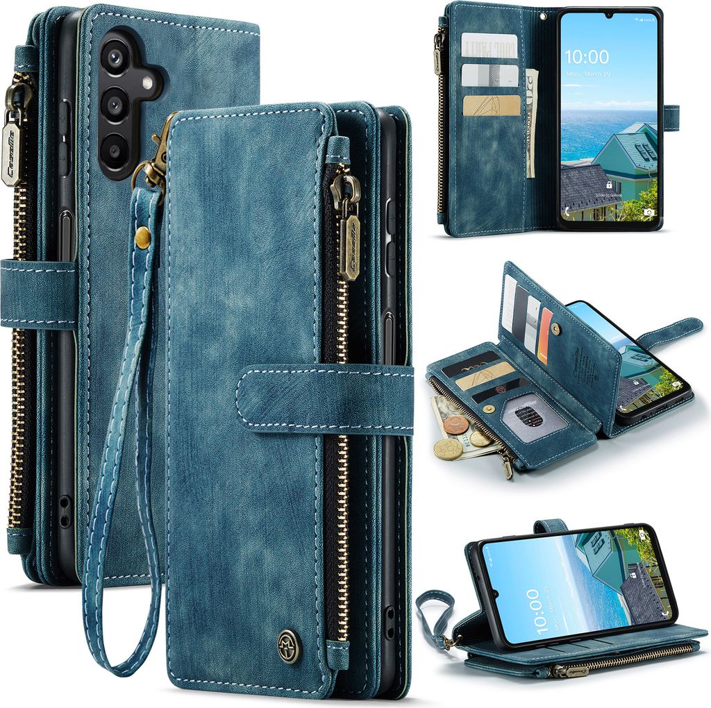 A collage of images showcasing a blue leather wallet-style phone case with a zipper and card slots, displayed from various angles and with the phone inserted.