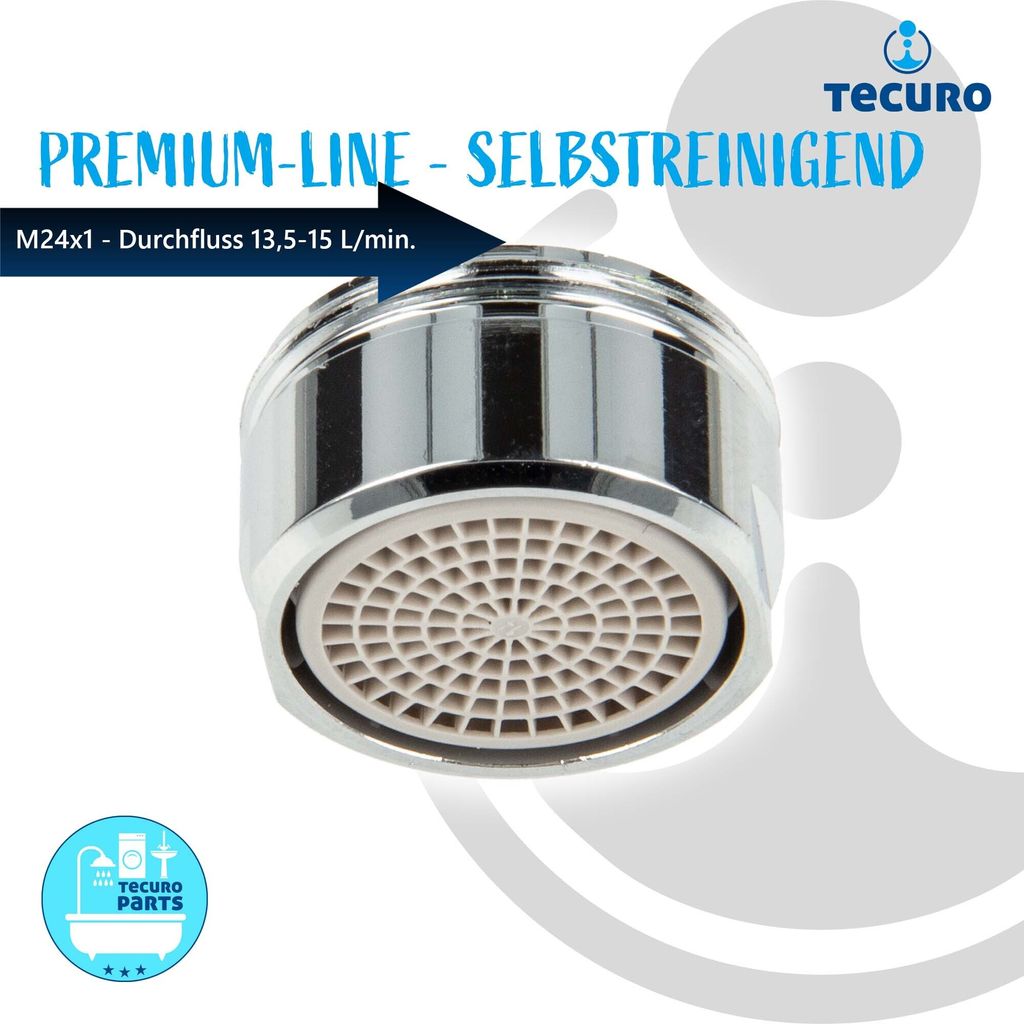 tecuro Selbstreinigende PREMIUM Strahlregler Luftsprudler M24x1 AG, Durchflussklasse A: 13,5 - 15,0 l/min, verchromt