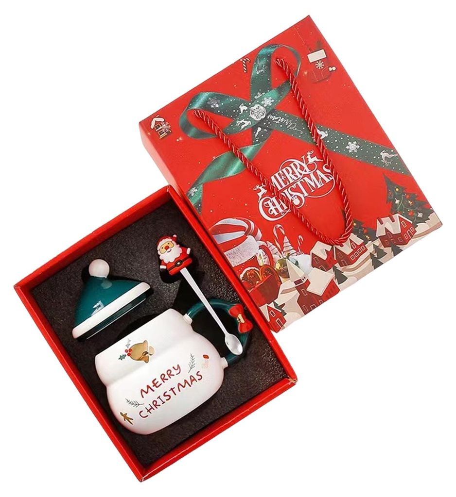 Weihnachtlicher Keramikbecher mit Deckel und Löffel, 480 ml großes Fassungsvermögen, Kaffee- und Teebecher mit Schneemann- und Weihnachtsmannmot...