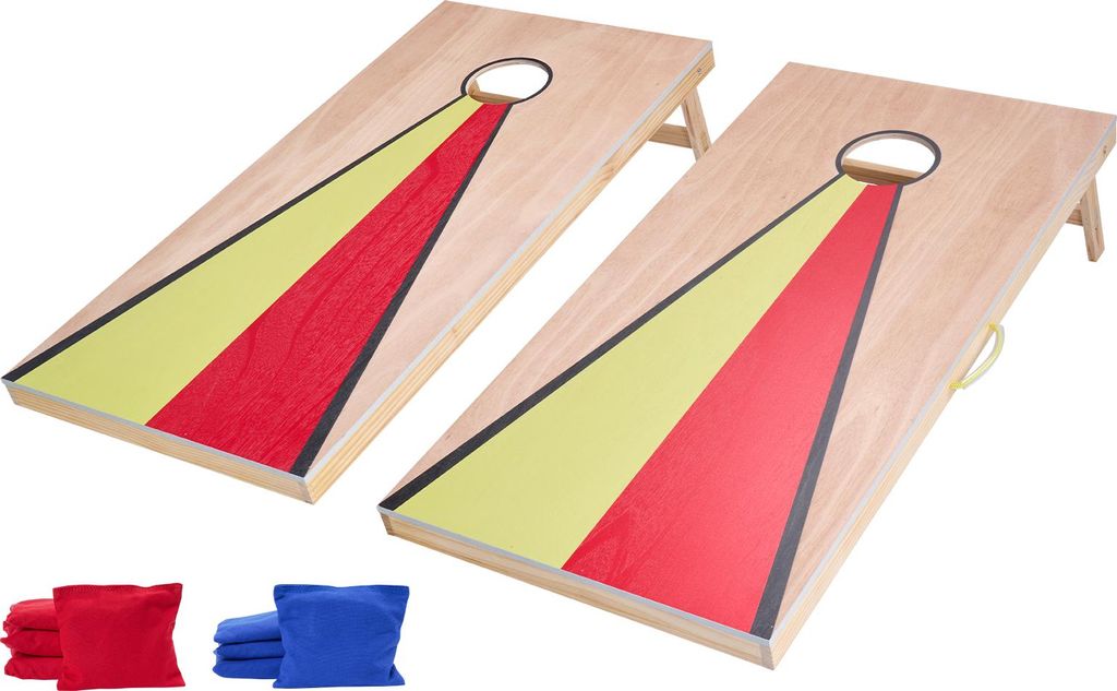 Two cornhole boards and eight beanbags are laid out on a white background.