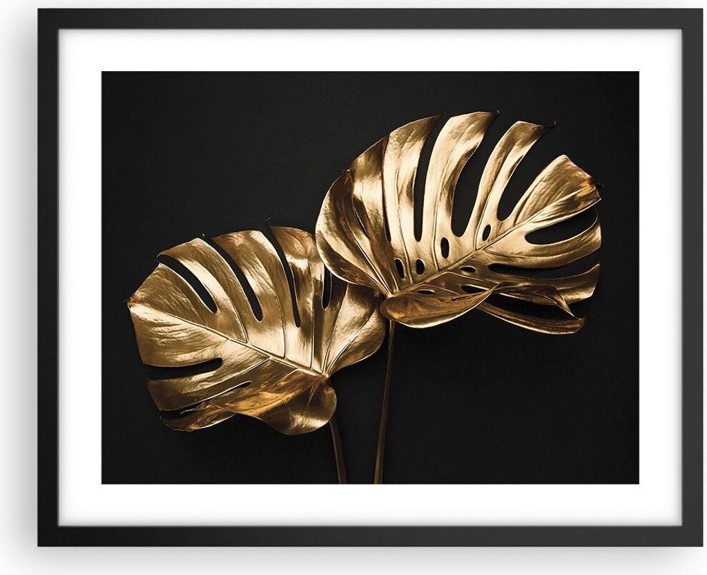 Gerahmtes Poster - Schwarzer Rahmen - Golden Blätter Monster - 50x40 cm - Wand Bild - Wanddeko - Wandbilder - Kunstposter - Wandposter - Bilderrah...