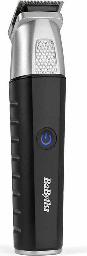 A product shot of a black and silver electric trimmer against a white background.
