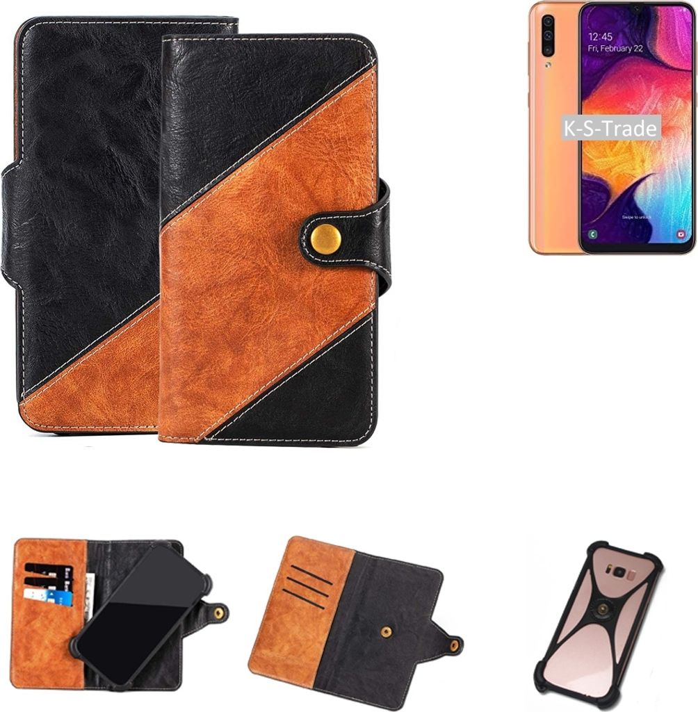 K-S-Trade Handyhülle Schutzhülle Bookstyle Case Wallet-Case kompatibel mit Samsung Galaxy A50 Handy Cover Bumper Klapphülle schwarz hellbraun 1x