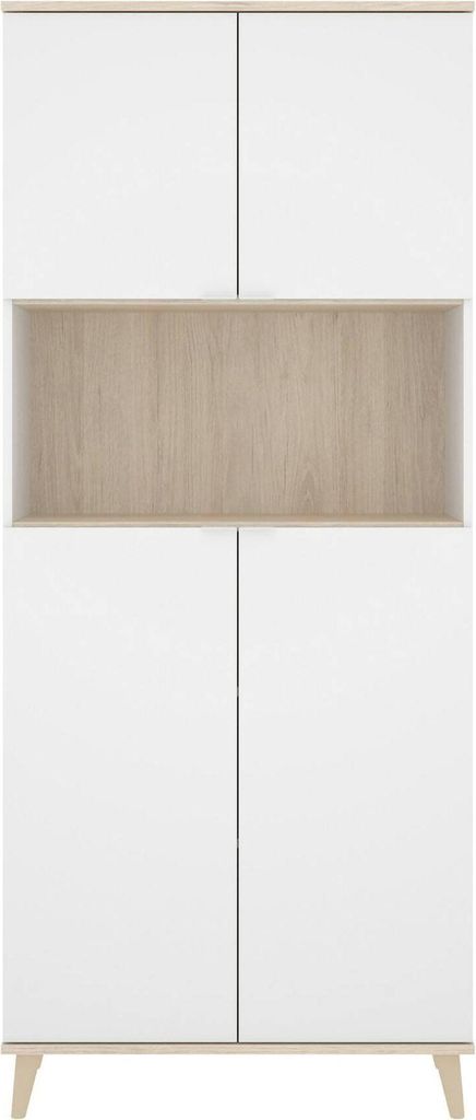 Sideboard Dmerka, Wohnzimmer-Pantry-Buffet, modernes Wohnzimmer-Sideboard mit 4 Türen, 80 x 40 x 191 cm, Weiß und Eiche