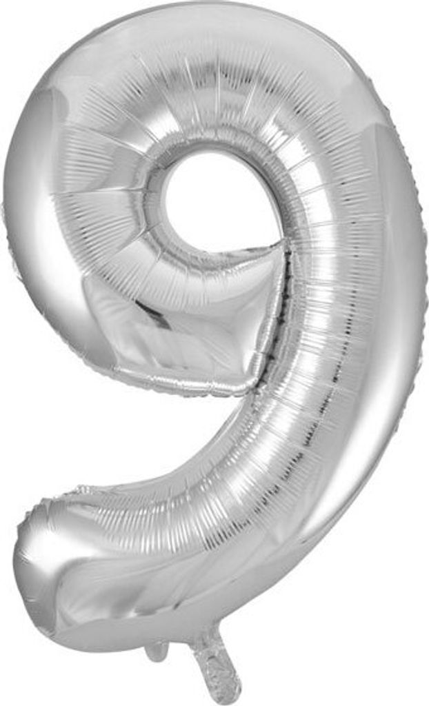 Silberner Folienballon Zahl 9, ca. 86 cm, für Helium, Ballongas oder Luft