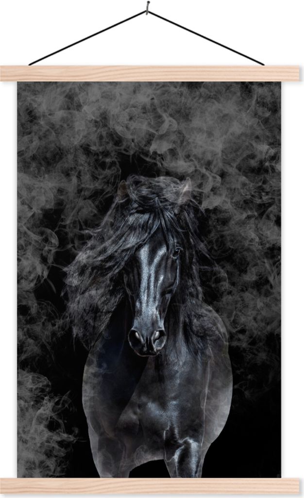 MuchoWow Textilposter Pferd - Schwarz - Smoke 40x60 cm mit holzfarbenen Rahmen - Poster