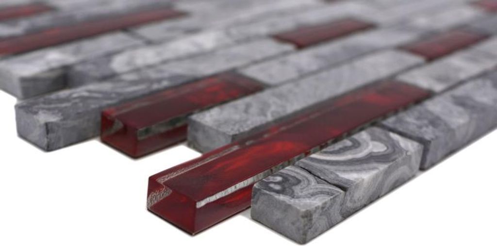 Handmuster Naturstein Glasmosaik grau mit rot glänzend Wand Küche Bad Dusche - MOS87-0409_m
