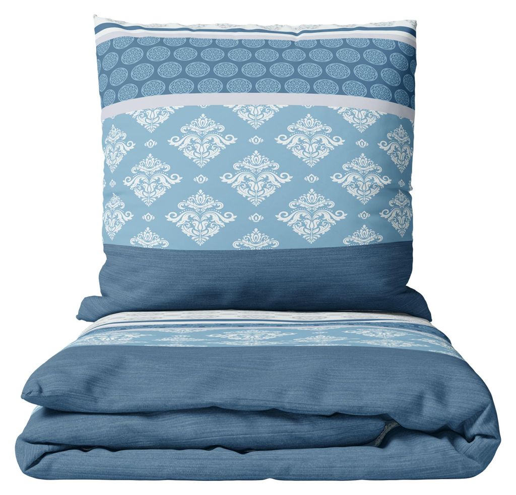 Biber Bettwäsche Set 155x220 cm Blau Weiß Gestreift Produktbild 