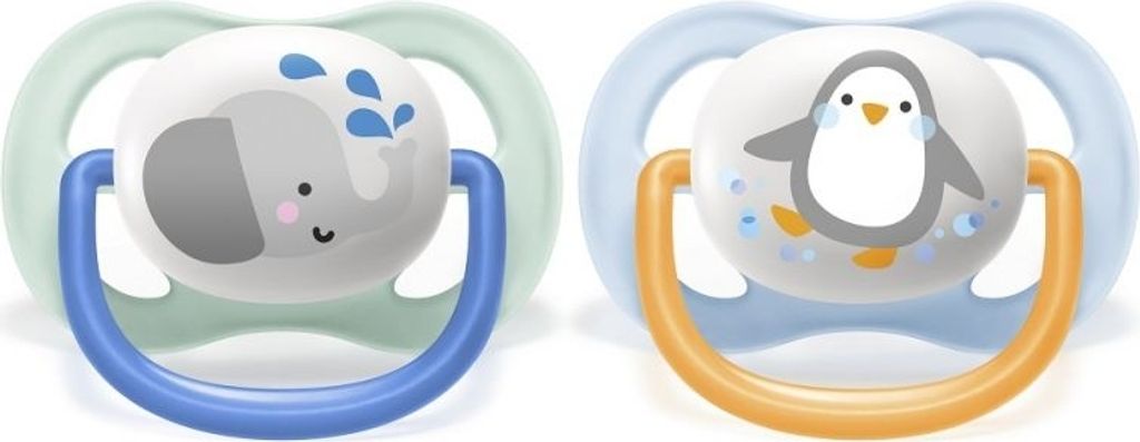Two pacifiers with cartoon animal designs on a white background.