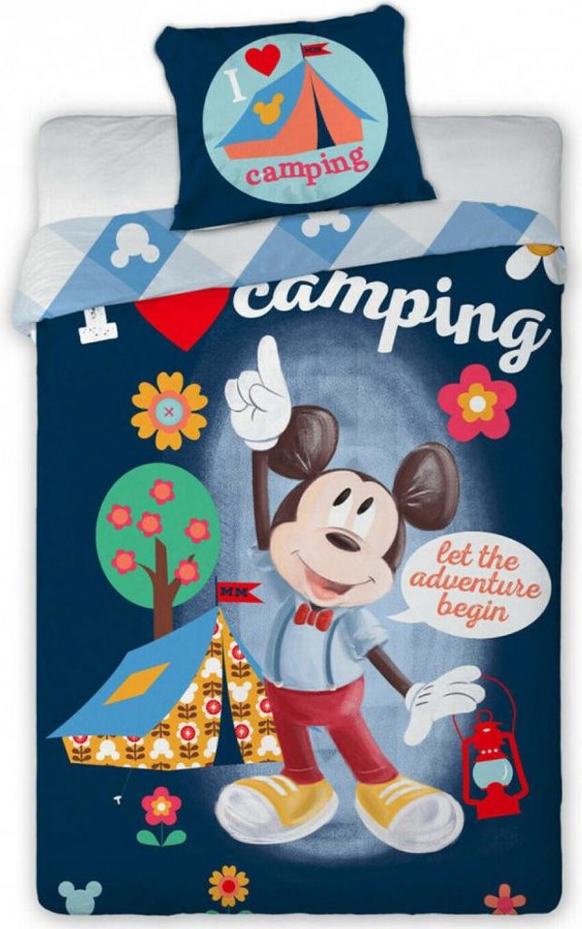 Mickey Mouse themed bedding with camping graphics.