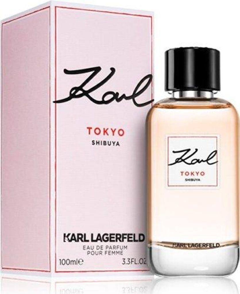 A bottle of Karl Lagerfeld Tokyo Shibuya Eau de Parfum for women and its packaging are displayed against a white background.