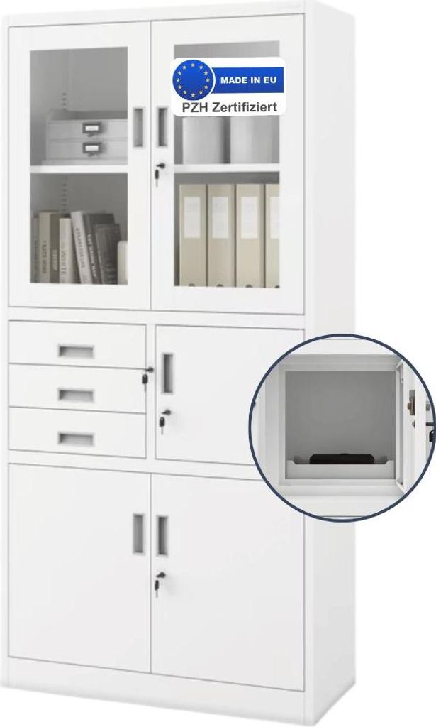 Vitrinenschrank abschließbar GEDO - mit Tresor & Schubladen| Büroschrank aus Stahl Aktenschrank mit Glasfenster Metallschrank Mehrzweckschrank, 1...