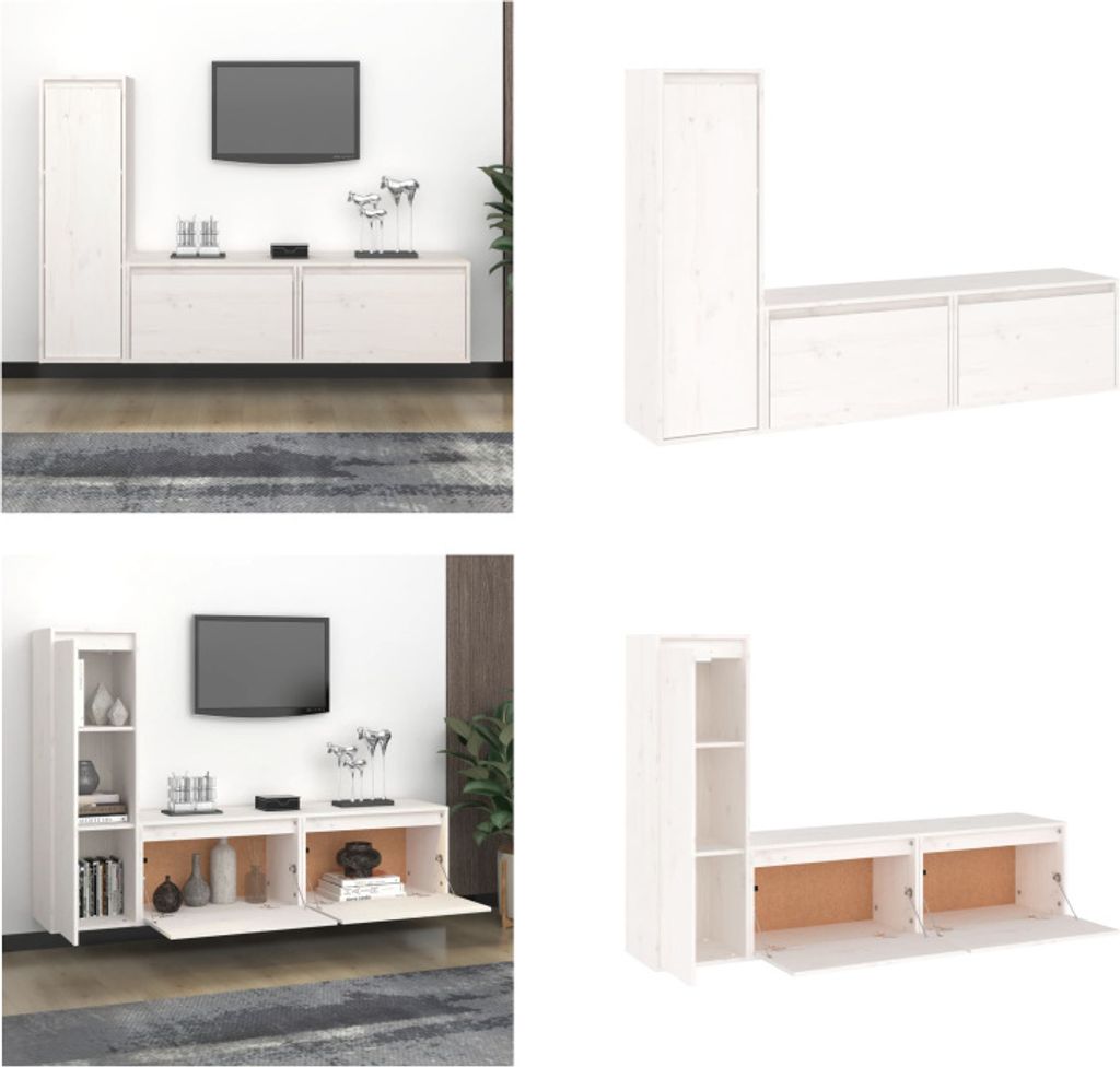 vidaXL TV Schränke 3 Stk. Weiß Massivholz Kiefer - TV-Schrank - TV-Schränke - TV-Schrank Holz - Hängeschrank