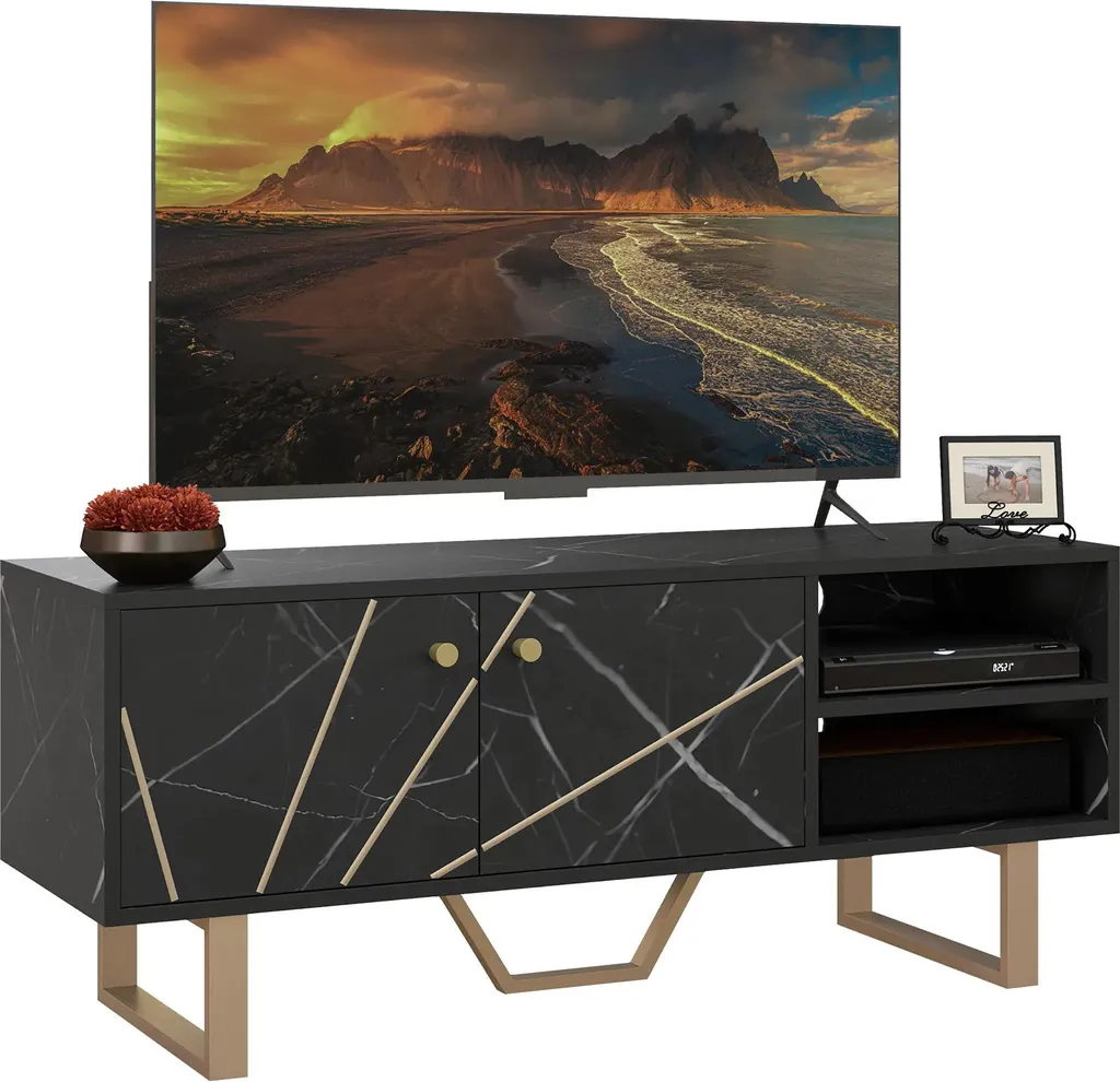 Buffet TV Noir et Or : Solution de Rangement Élégante pour Petit Salon