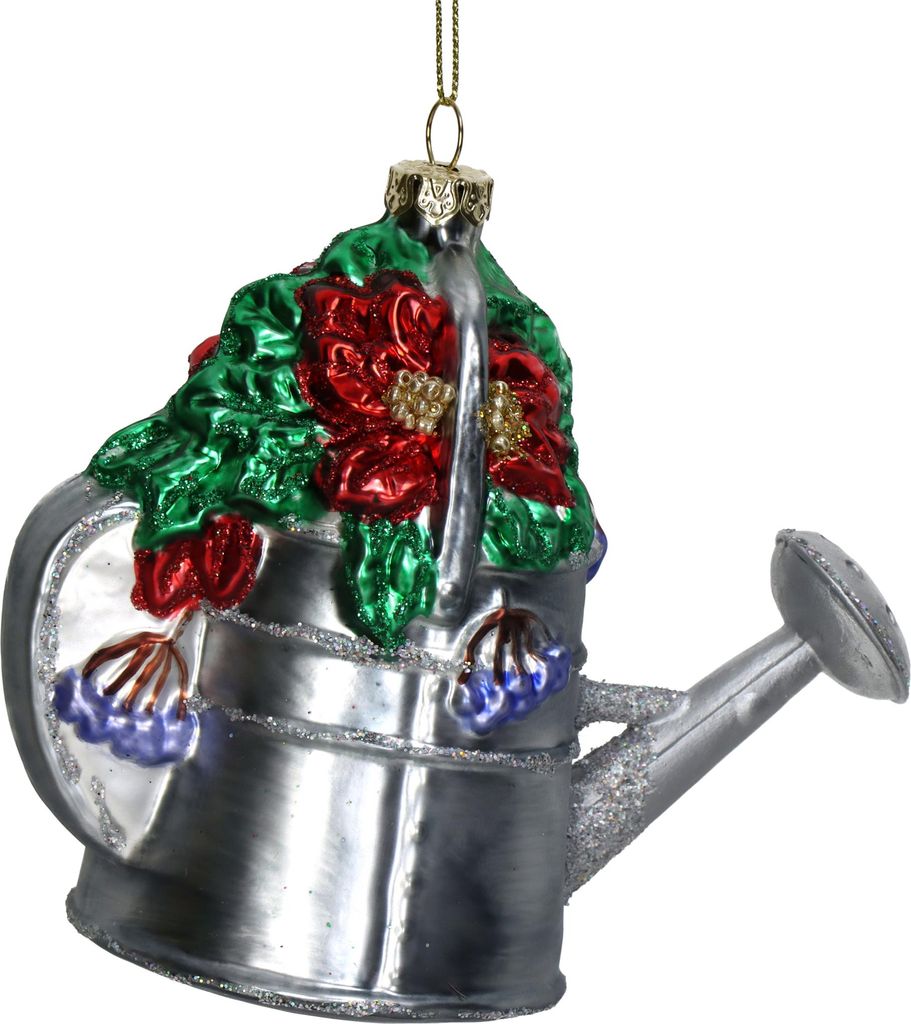 Christbaumschmuck Glas 11cm Gießkanne mit Weihnachtsstern Silber