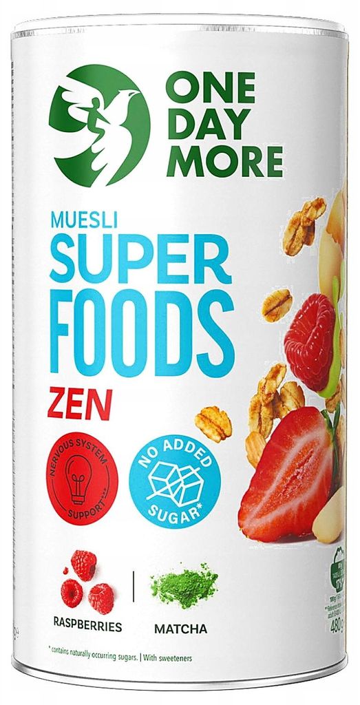 OneDayMore | Superfoods ZEN Müsli ohne Zuckerzusatz | Mit Matcha Erdbeeren und Leinsamen 480 g