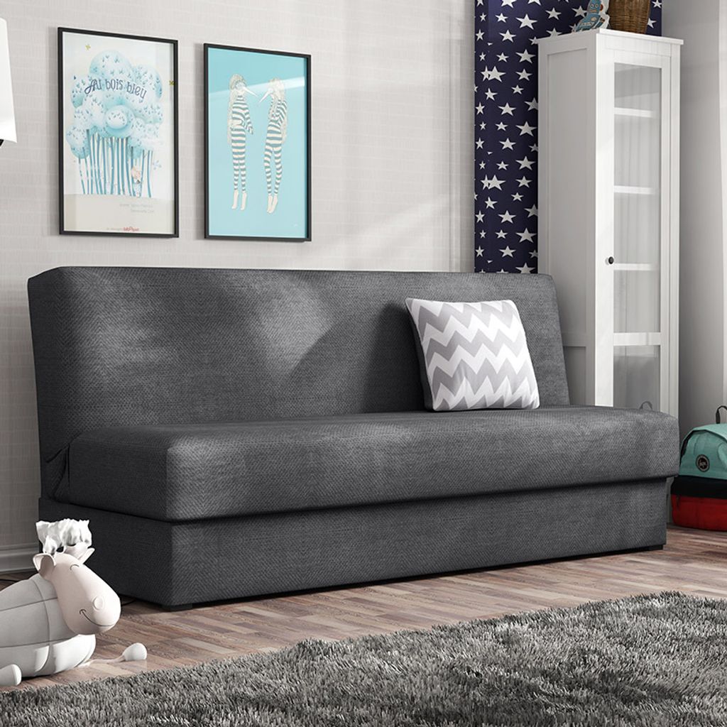 A dark gray sofa bed is shown in a room with two framed pictures on the wall and a white cabinet.