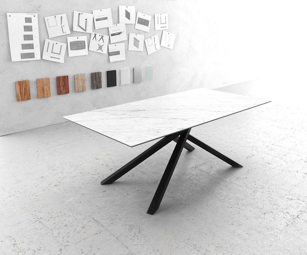 DELIFE Esstisch Edge 200x100cm Keramik Laminam Statuarietto Weiß Mittelfuß Kreuz Schwarz