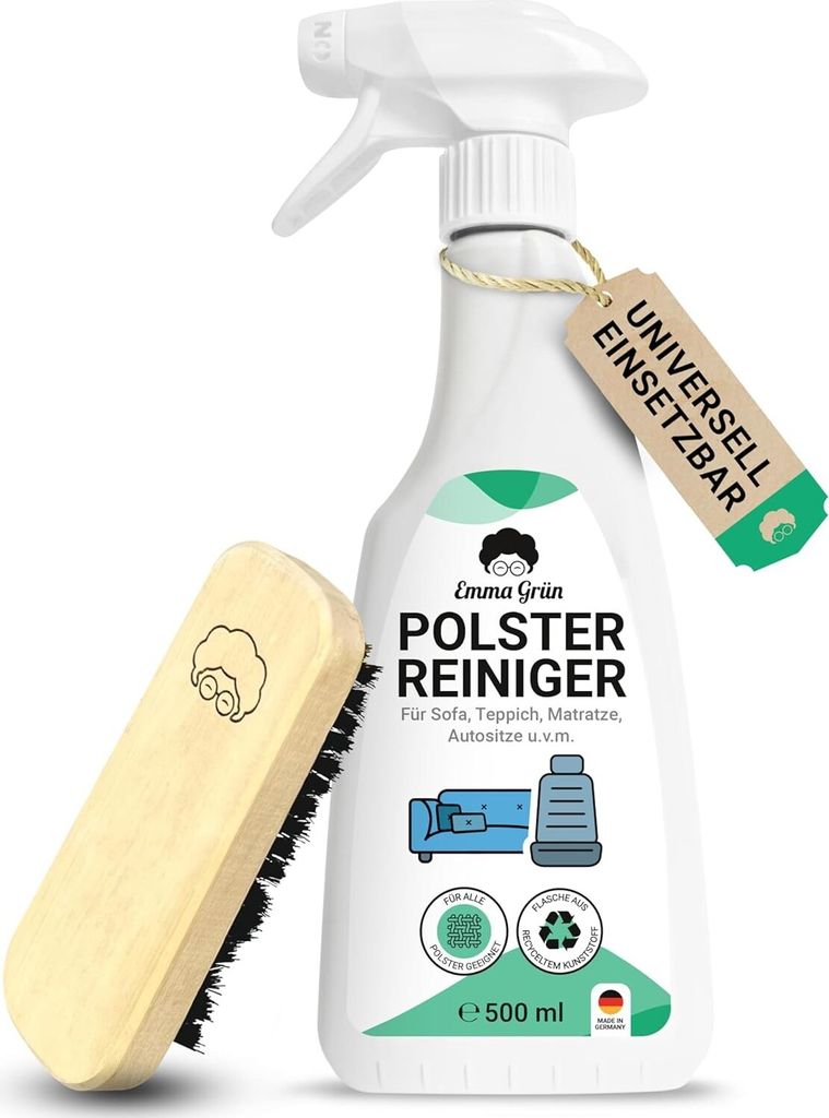 Emma Grün Polsterreiniger 500ml für Sofa, Polster & Autositze – Fleckenentferner inkl. Polsterbürste