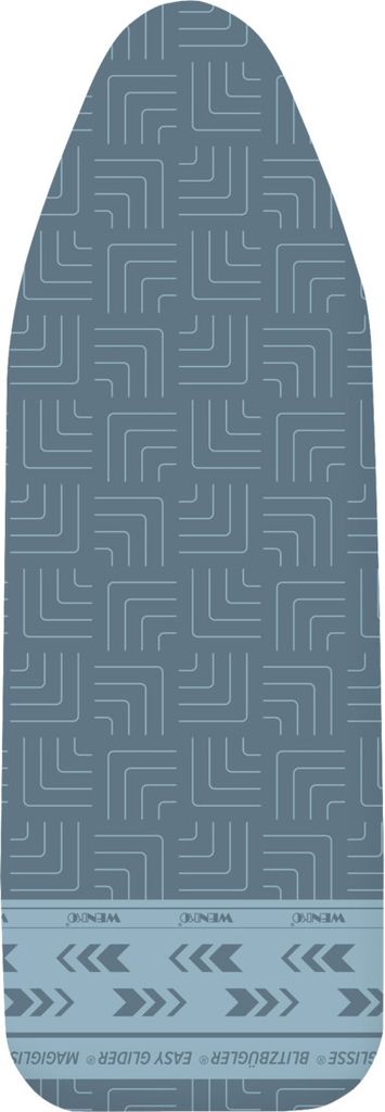 An ironing board cover with a geometric pattern and a decorative border at the bottom.