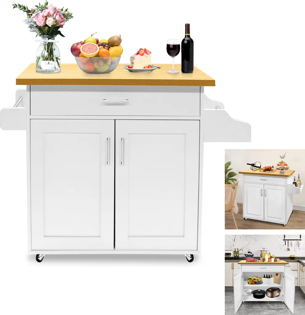 Desserte de cuisine mobile avec plateau de service et porte-bouteilles