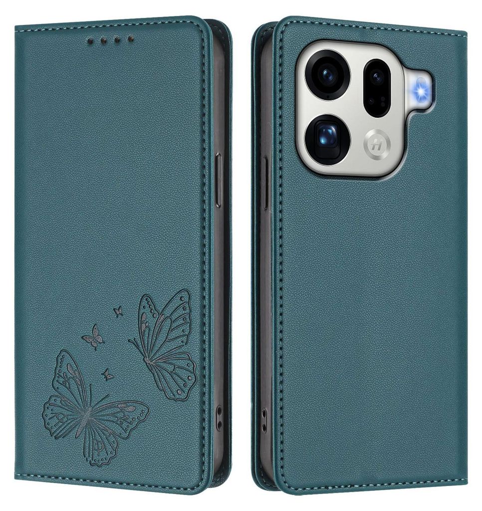 Lederhülle für Oppo Find X9 Pro, Schmetterling Prägung Leder Brieftasche Schutzhülle mit Ständer Grün