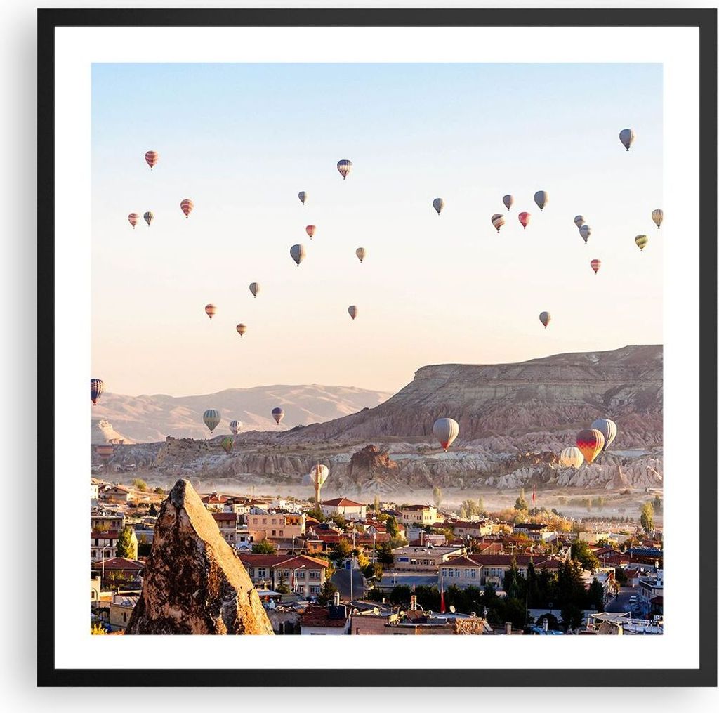 Gerahmtes Poster - Schwarzer Rahmen - Berge Ballon Flug - 60x60 cm - Wand Bild - Wanddeko - Wandbilder - Kunstposter - Wandposter - Bilderrahmen - ...