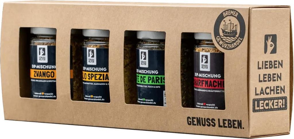 Dip-Set, 4 verschiedene Gewürzmischungen für Dips in Gläsern, in Naturkarton verpackt, scharfer Dip, Kräuterbutter und Kräuterquark zum selber...