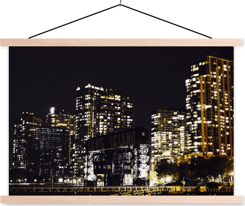 MuchoWow Textilposter New York - Bäume - Beleuchtung 120x80 cm mit holzfarbenen Rahmen - Aufhängeset