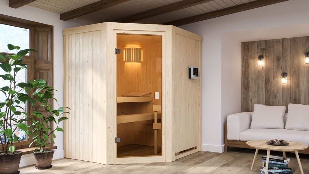 Karibu Sauna Innensauna Faurin Eckeinstieg Ofen 9 KW externe Strg easy 170x151x198 cm ohne Dachkranz