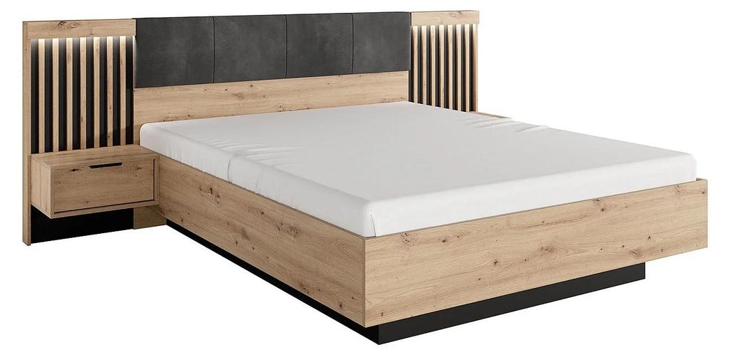 Bett mit Nachttischen 160 x 200 cm - mit LED - Farbe: Natur und schwarz - ARIADA