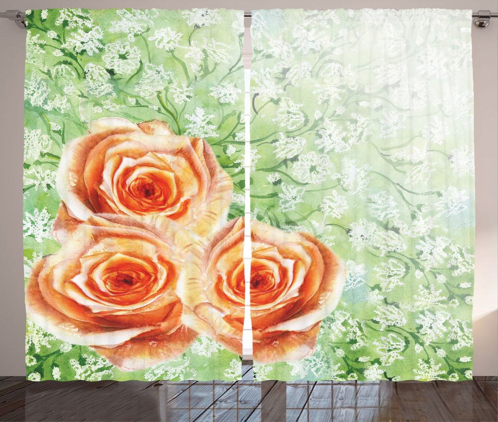 ABAKUHAUS Grün Rustikaler Gardine, Aquarell Rosen, Schlafzimmer Kräuselband Vorhang mit Schlaufen und Haken, 280 x 225 cm, Orange Grün