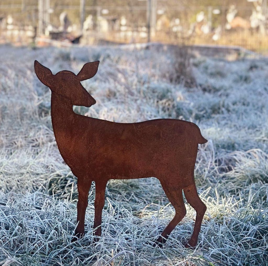 REH zurück schauend 54x49cm zum Stecken Gartenstecker Edelrost Gartendeko Wetterfest Rost Gartenfigur Metall Rostfigur Tier Waldtier Rehkitz
