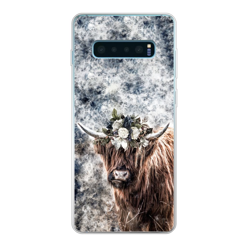 MuchoWow Handyhülle Schutzhülle Hülle für Samsung Galaxy S10 Lite Schottischer Highlander - Rauch - Blumen Silikon Softcase Handy Hülle - Sc...