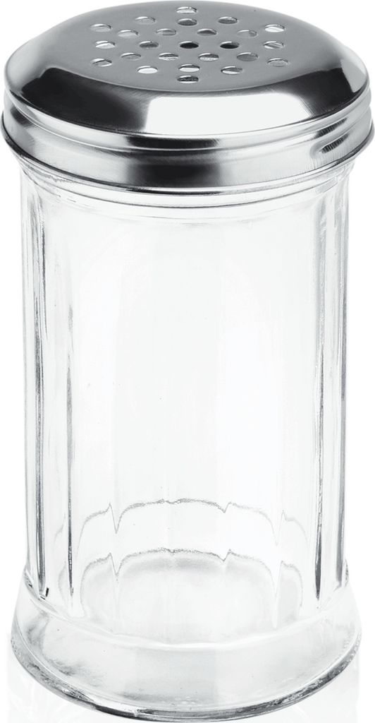 A clear, professional studio shot of a glass sugar shaker with a stainless steel lid.