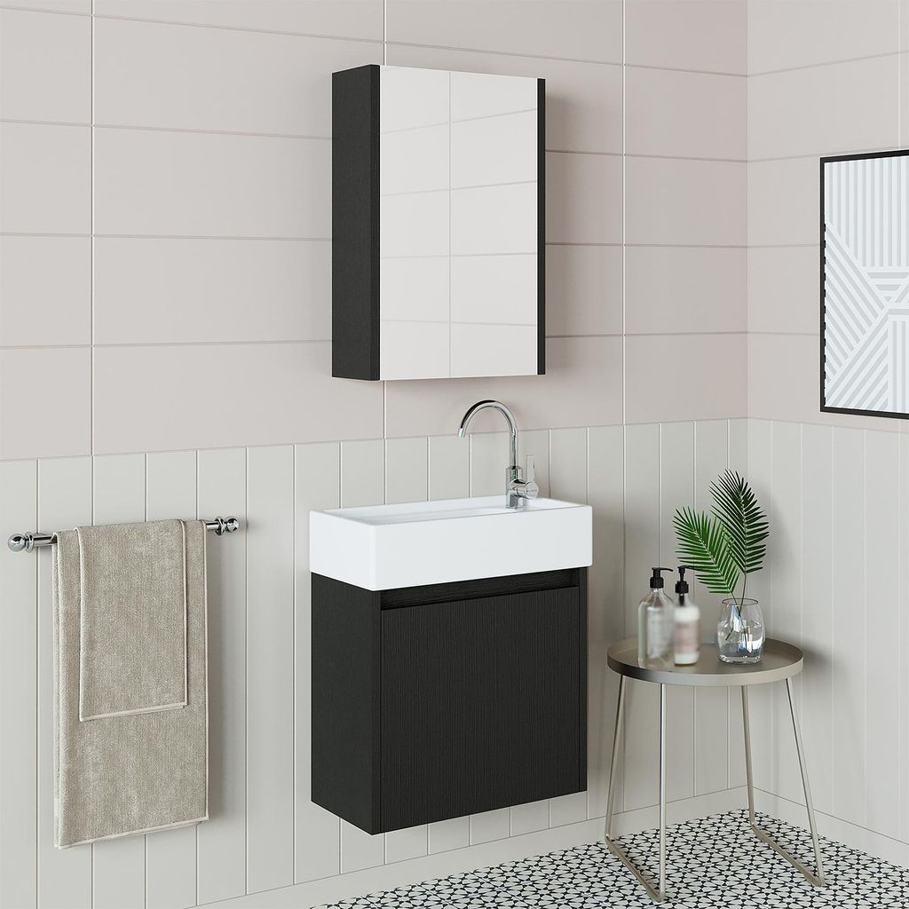 Roomart MINI-50 Badmöbel Set– 3-teiliges Badezimmermöbel Set - Unterschrank, Waschbecken & Spiegelschrank - H 45 x B 25 x T 49 cm - Schwarz-Eiche