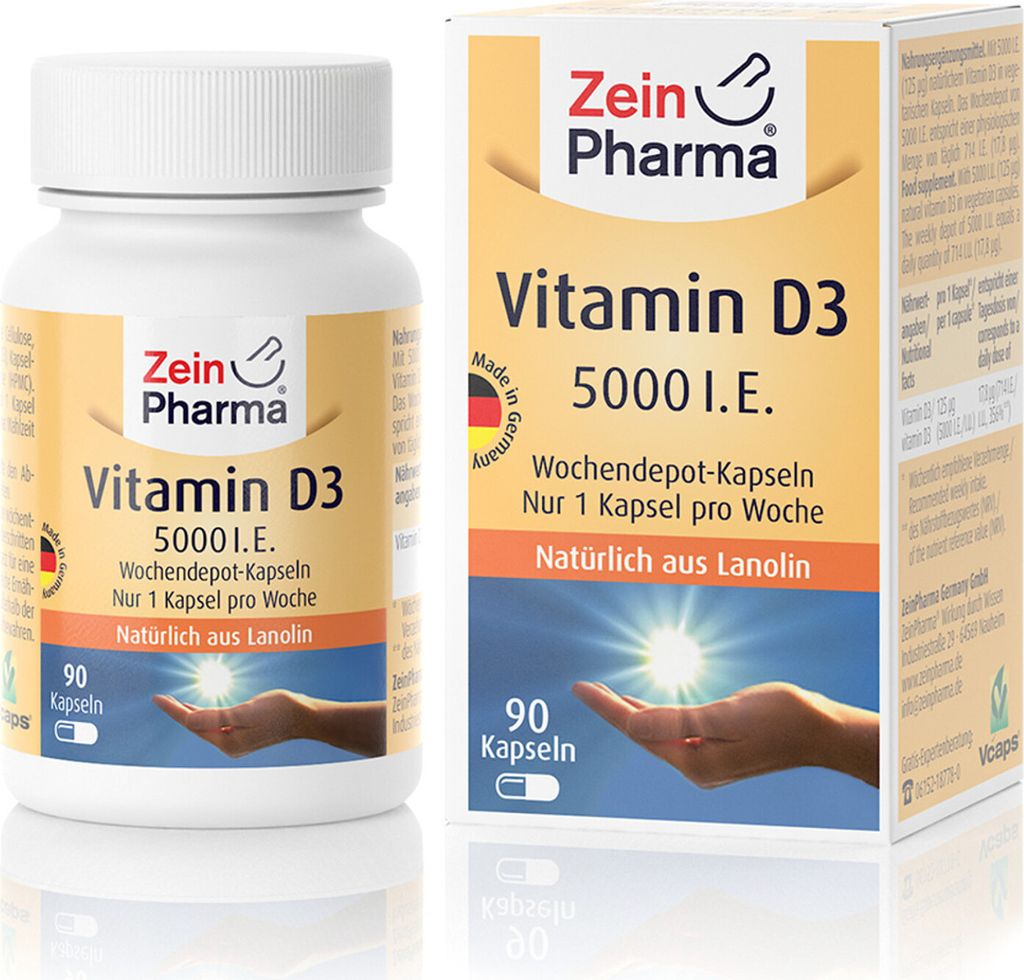 A bottle of Vitamin D3 capsules and its packaging are displayed side-by-side against a white and light gray background.