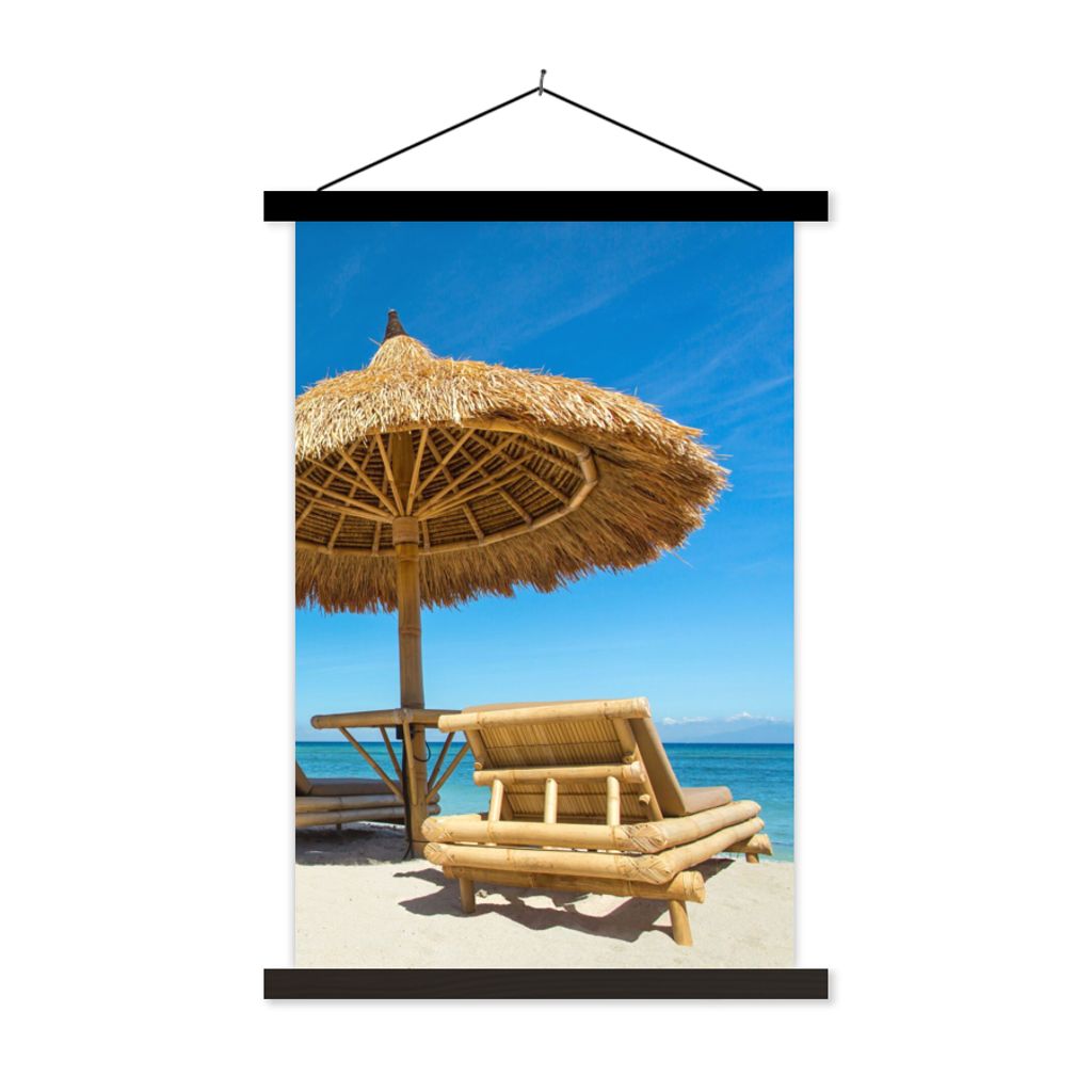 MuchoWow Textilposter Strandkorb - Strand - Sonnenschirm - Meer - Sommer 60x90 cm mit schwarzem Rahmen - Poster Wohnzimmer