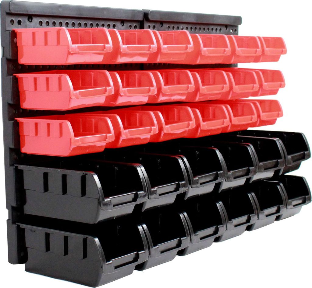 Stapelboxen mit Wandregal rot 32 tlg, Kleinteilemagazin Produktbild 