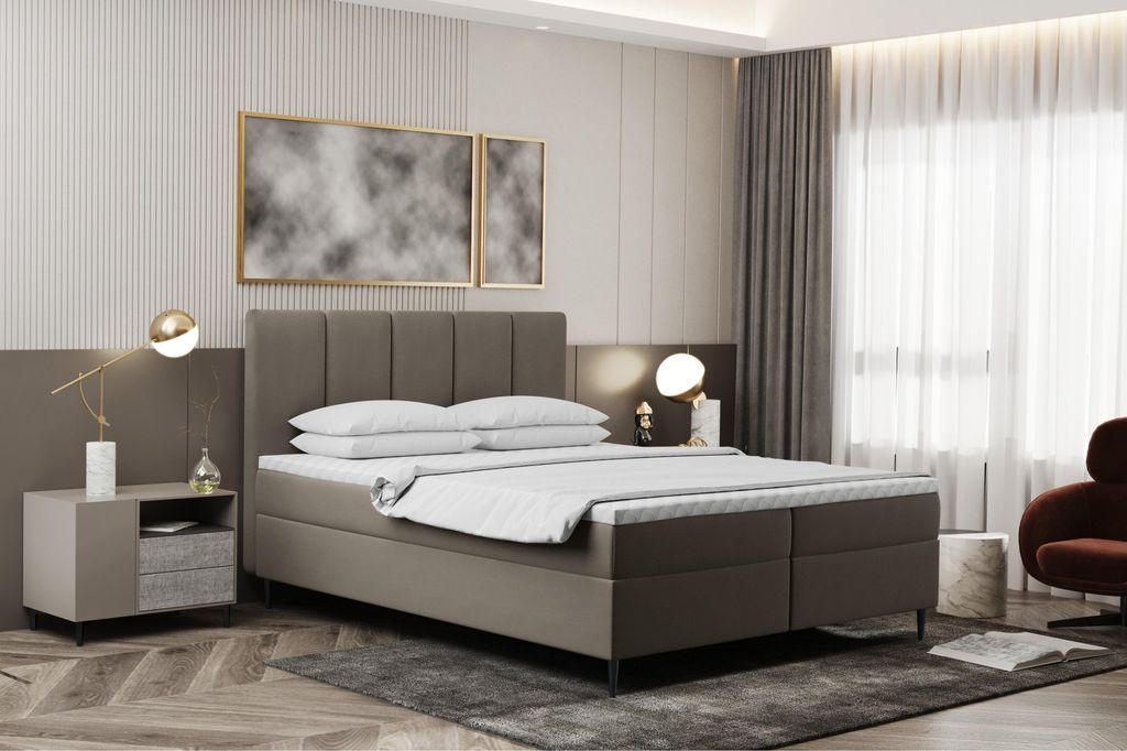 Kaiser Möbel Boxspringbett 140x200cm mit bettkasten und matratze+topper, Schlafzimmerbett POEL Hellgrau