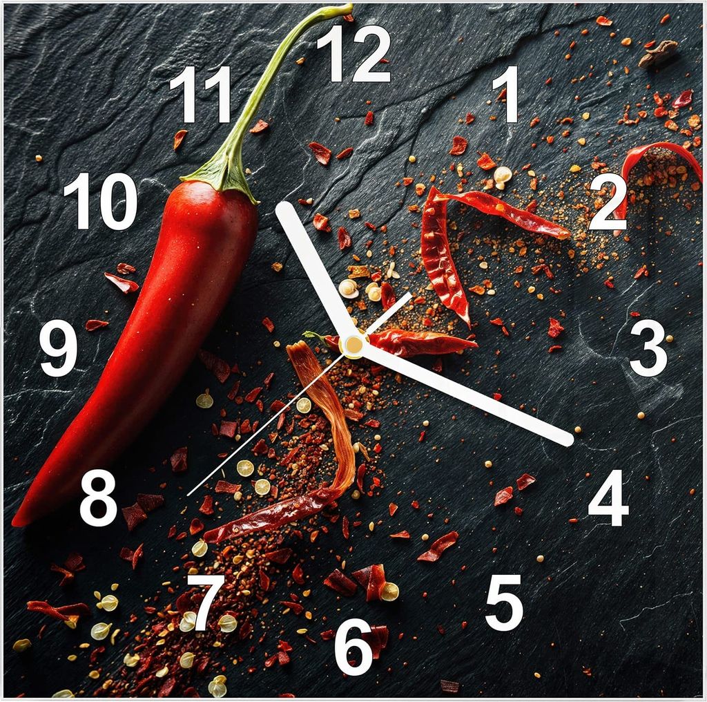 Wanduhr aus Glas mit Motiv Chili Auf Schiefer- 30 x 30 cm - inkl. Aufhängesystem