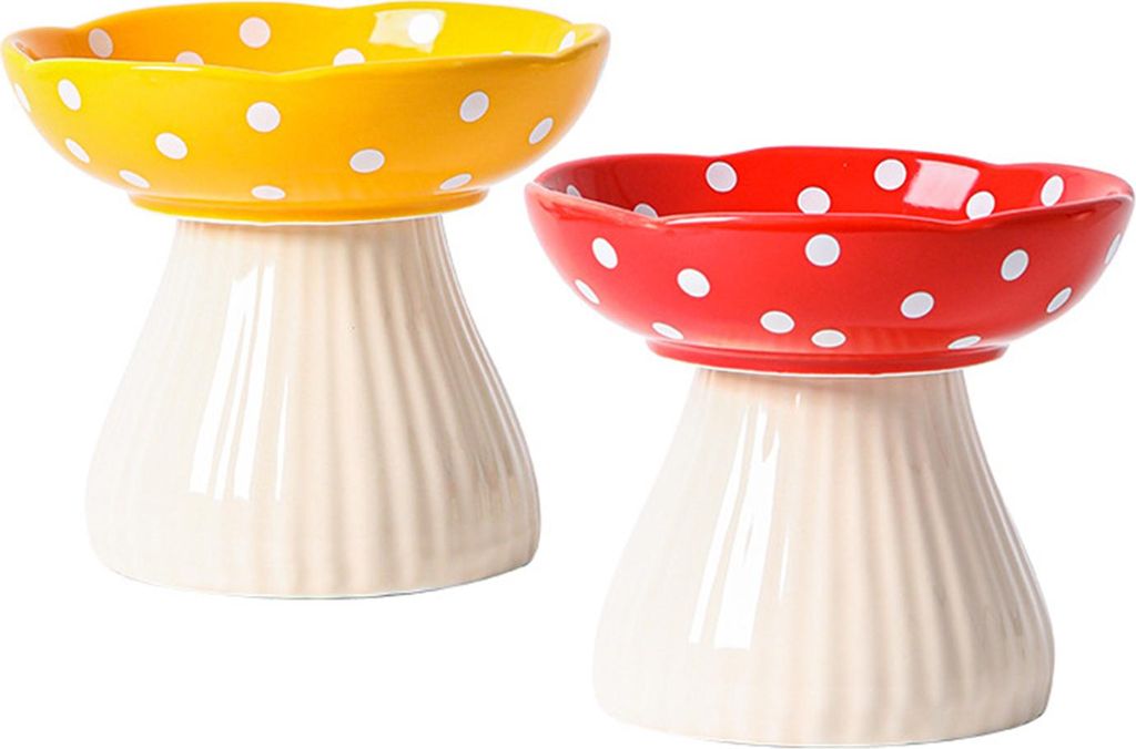 2-tlg. Keramik Napfset, Pilz-Design, Rot & Gelb, Erhöht, Für Katzen & Hunde, Kippsicher,15*12cm